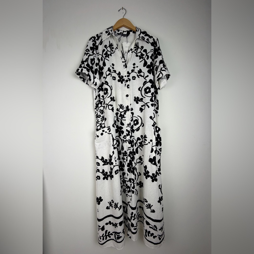 Linen Blend Zara Shirt Dress Minimalist Black White Print Button Down Pockets XL - Picture 16 of 16